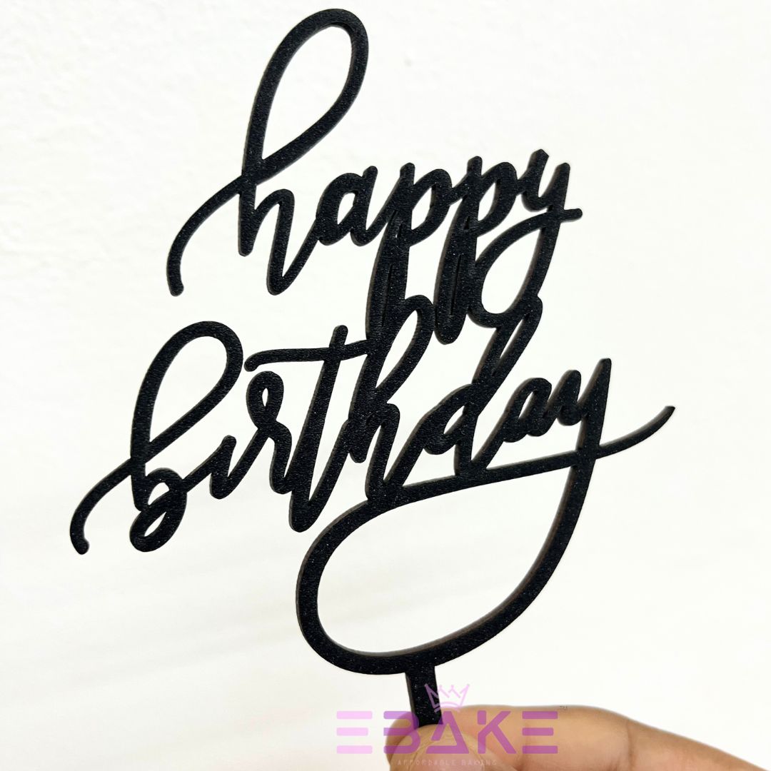 Happy Birthday Cake Topper Black Shimmer MDF