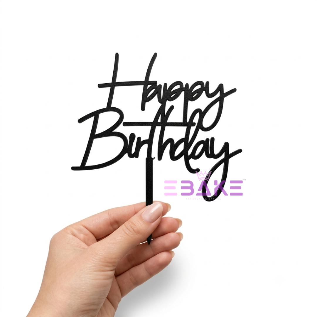 Happy Birthday Cake Topper Black Shimmer MDF