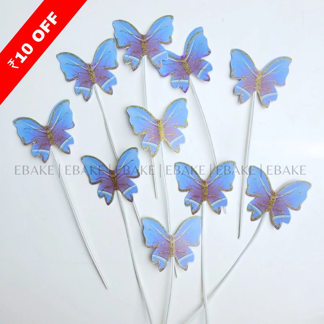 Blue Paper Butterflies Twistable Stick With Gold Glitter - Foldable
