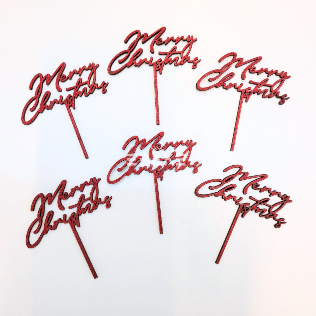 Merry Christmas Mini Topper Red Glitter (Set of 6) MDF