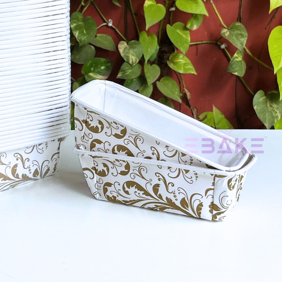Bake n Serve White & Golden Printed Plum Cake, Loaf Cake Mould (Set of 5 Pieces)