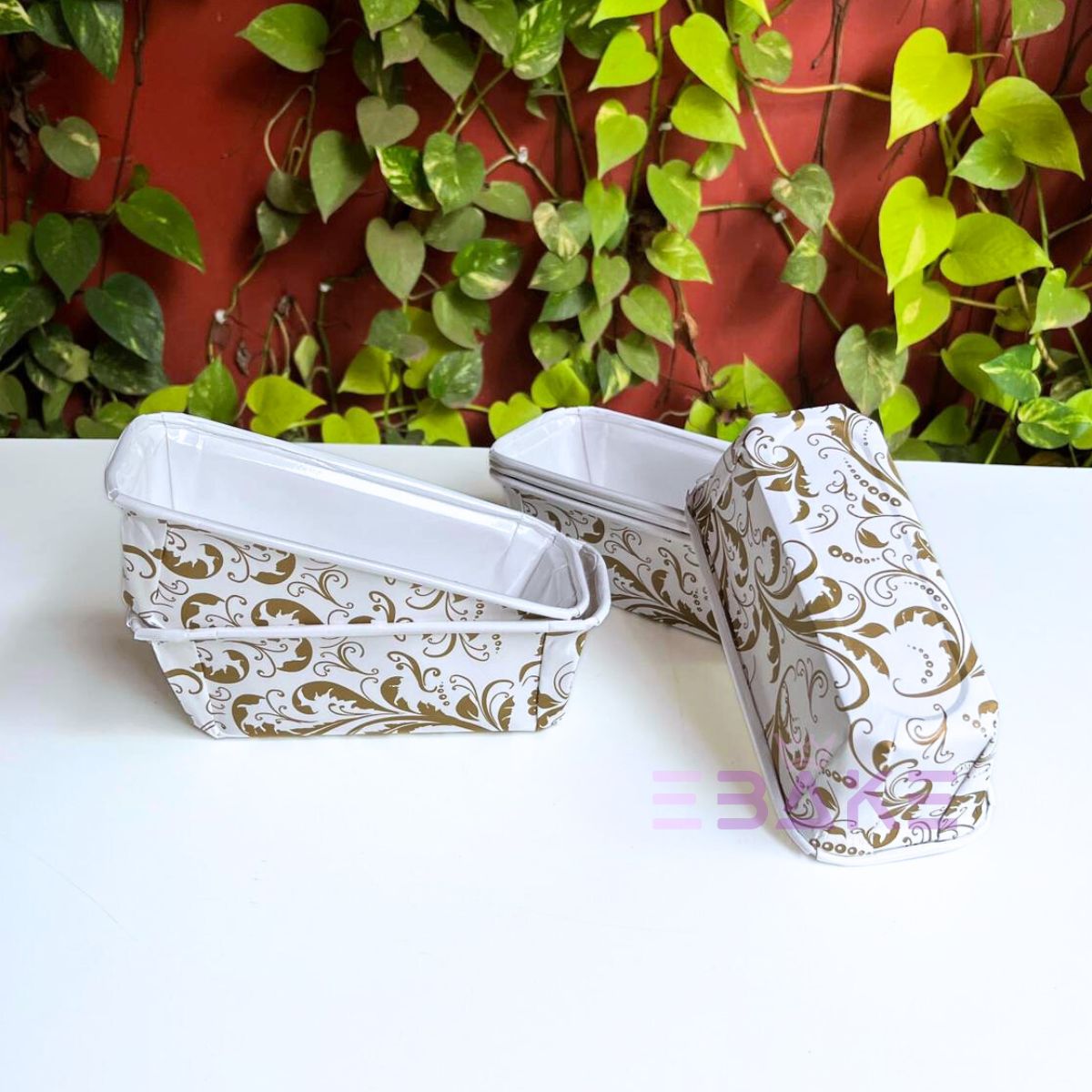 Bake n Serve White & Golden Printed Plum Cake, Loaf Cake Mould (Set of 5 Pieces)