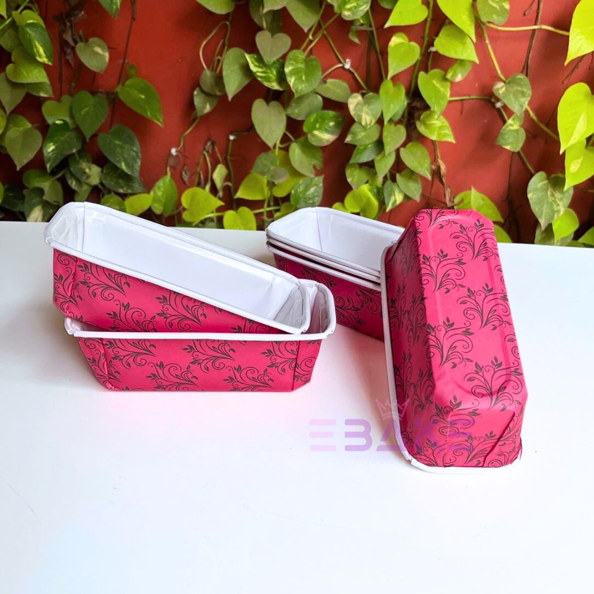 Bake n Serve Dark Pink & Golden Printed Plum Cake, Loaf Cake Mould (Set of 5 Pieces)