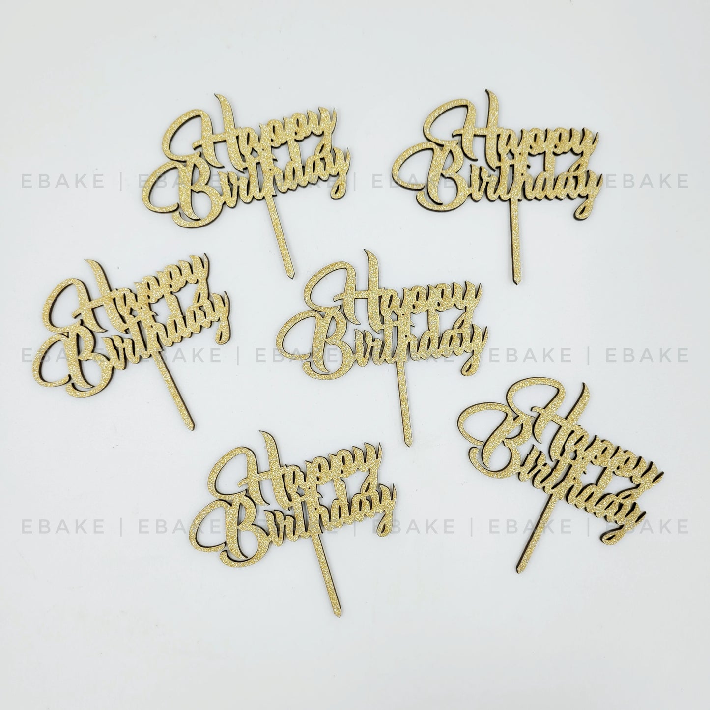Happy Birthday Mini Topper Gold Glitter (Set of 6) MDF