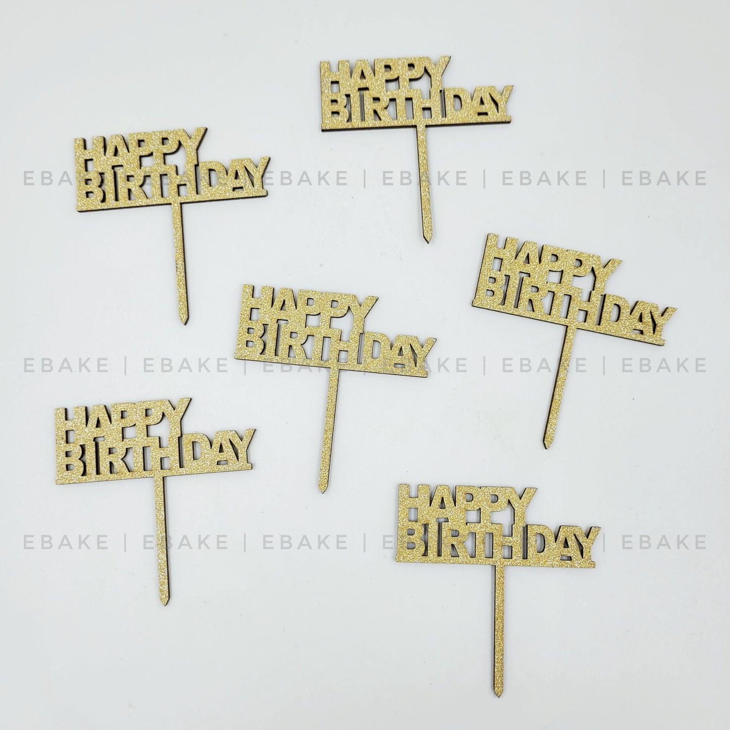 Happy Birthday Mini Topper Gold Glitter (Set of 6) MDF