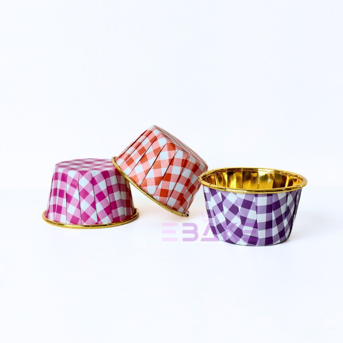 Imported Golden Lined Rolled Rim Muffin Cup / Cupcake Liners - Gingham Printed Mixed Color (Set of 15 pieces) Large