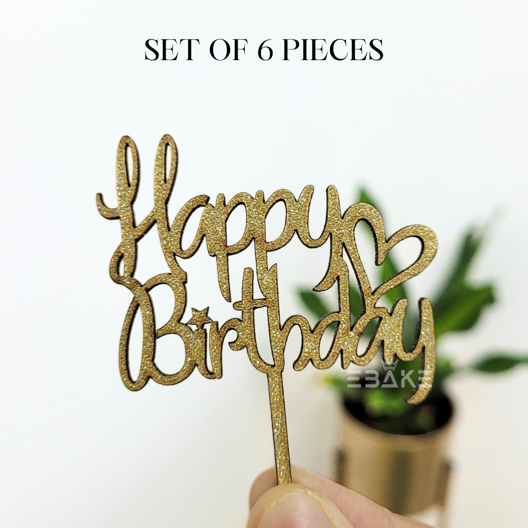 Gold Glitter Happy Birthday Cake Topper Set