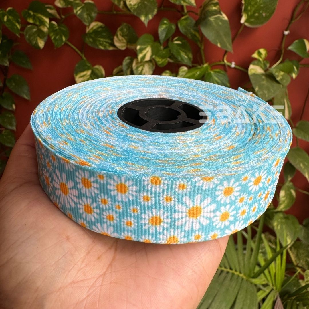 Daisy Flower Printed Grosgrain Ribbon Yellow & Blue