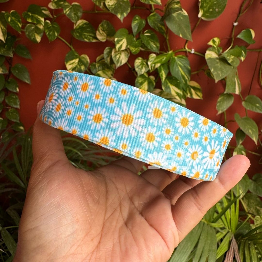 Daisy Flower Printed Grosgrain Ribbon Yellow & Blue