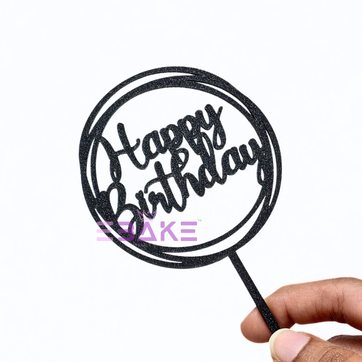 Happy Birthday Cake Topper Black Shimmer MDF
