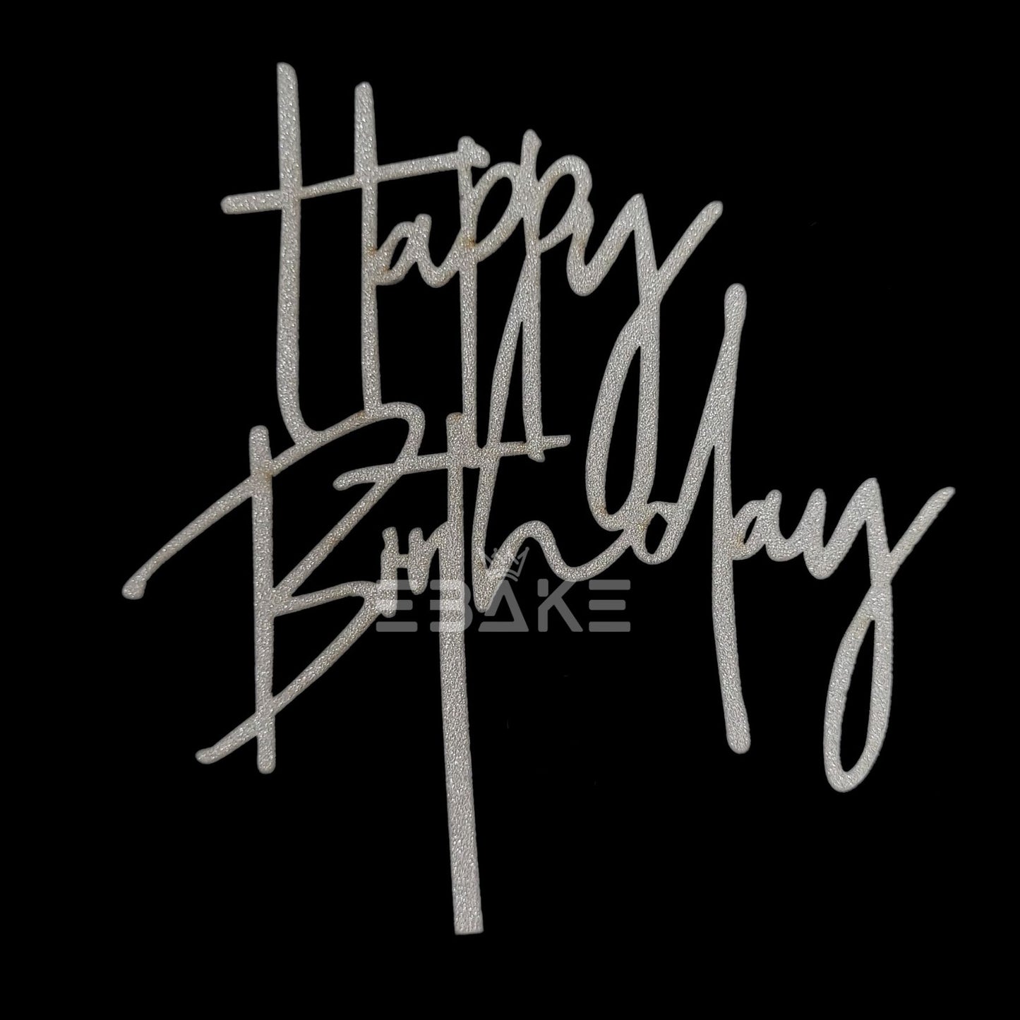 Happy Birthday Cake Topper 5 Inch Silver Shimmer MDF