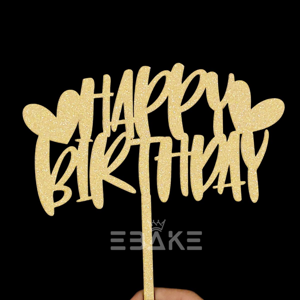 Happy Birthday Cake Topper Gold Shimmer MDF