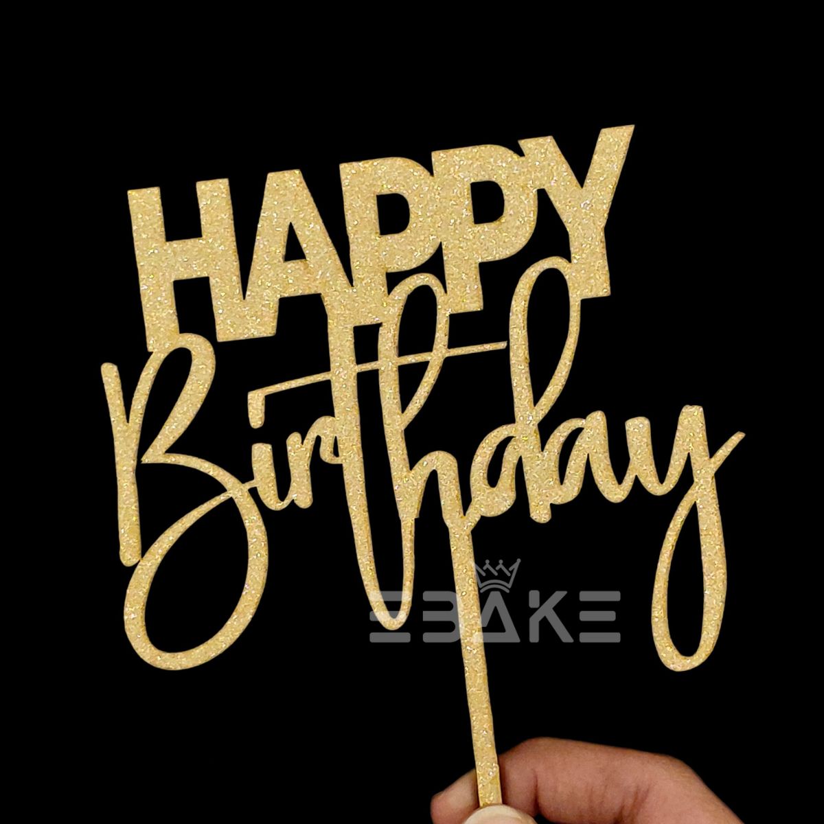 Happy Birthday Cake Topper Gold Shimmer MDF