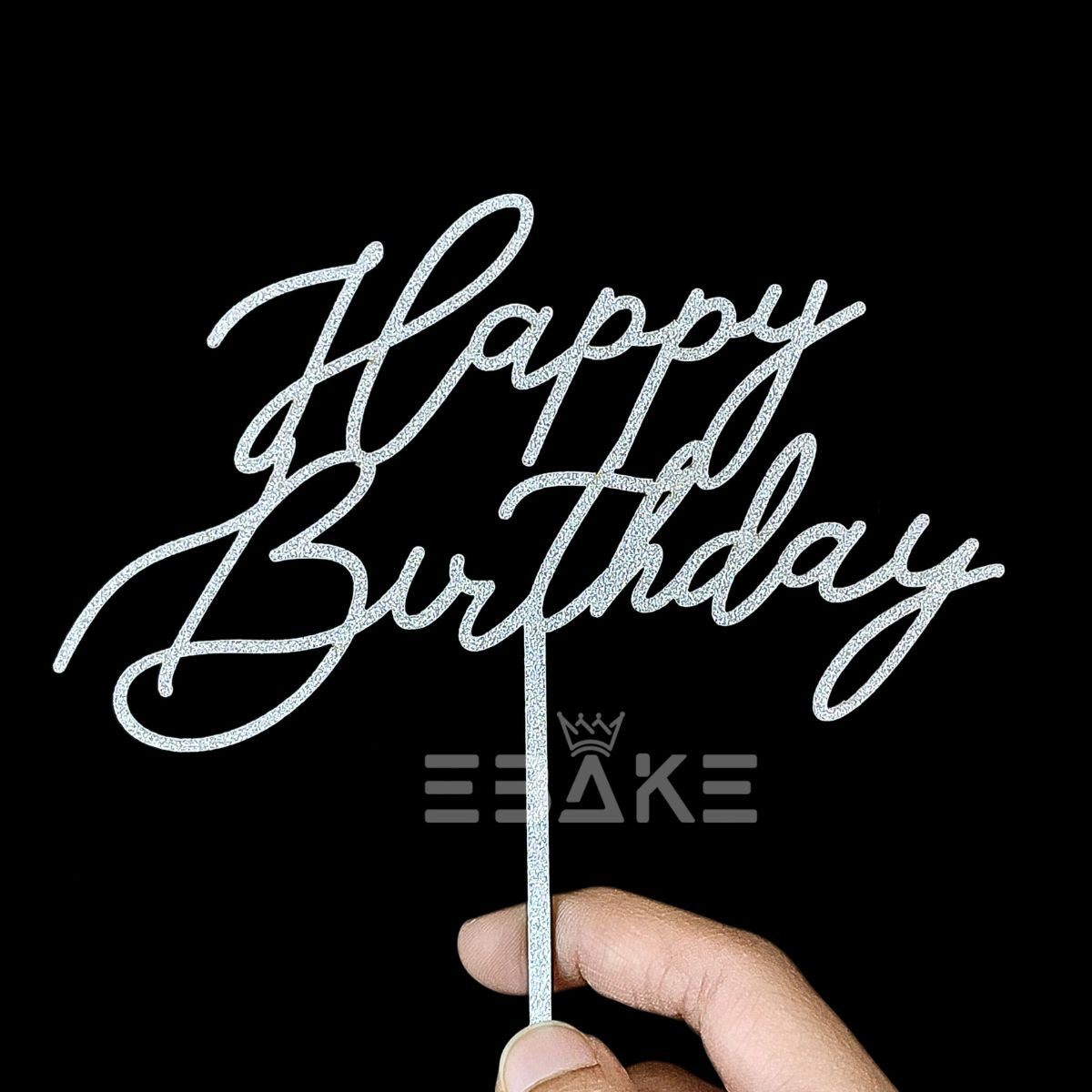 Happy Birthday Cake Topper 5 Inch Silver Shimmer MDF