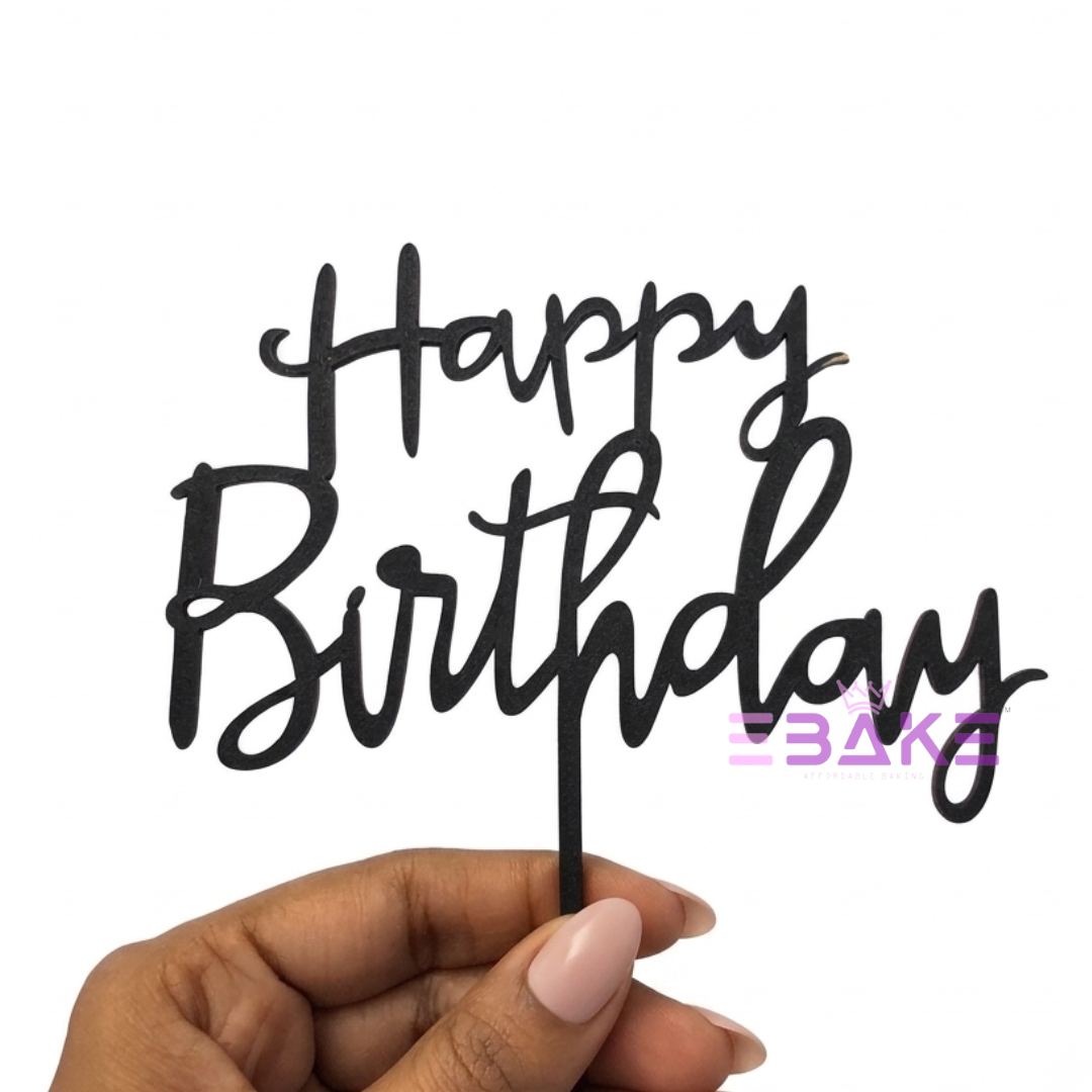 Happy Birthday Cake Topper Black Shimmer MDF