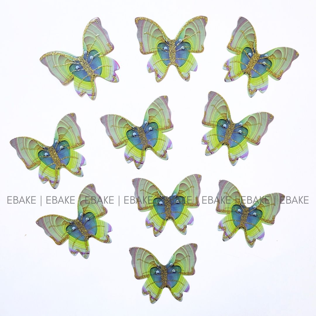 Green Paper Butterflies With Gold Glitter Foldable (Set of 10 Pieces)