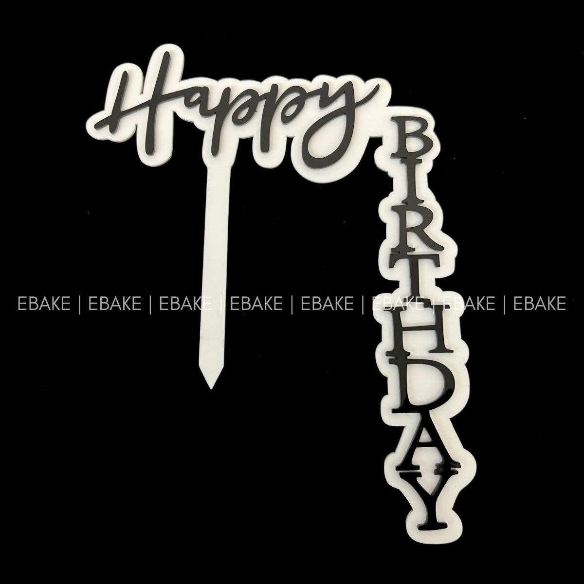 EBL107 Happy Birthday Vertical L-Shaped Cake Topper (White & Black)