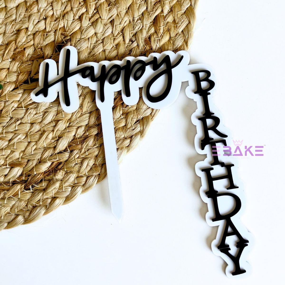 EBL107 Happy Birthday Vertical L-Shaped Cake Topper (White & Black)