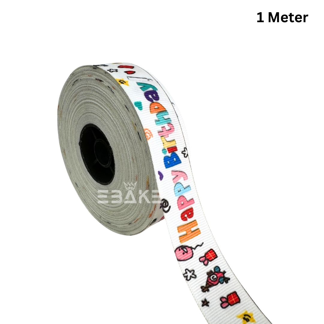 Happy Birthday Party Printed White Grosgrain Ribbon
