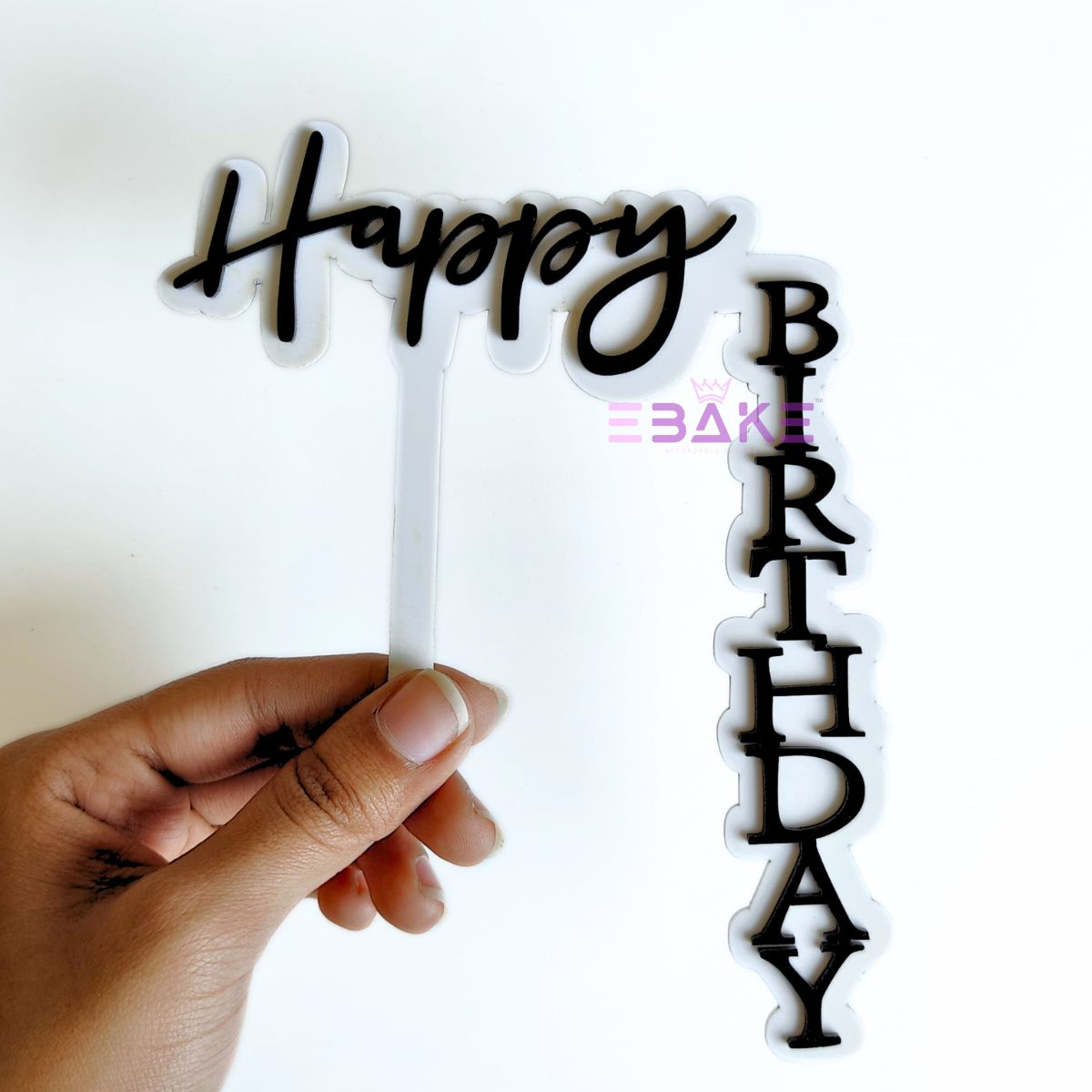 EBL107 Happy Birthday Vertical L-Shaped Cake Topper (White & Black)