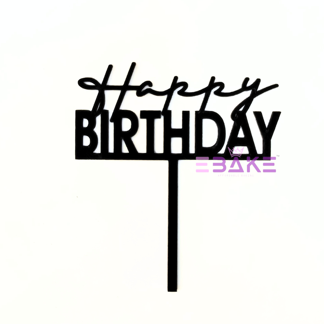 Happy Birthday Cake Topper Black Shimmer MDF