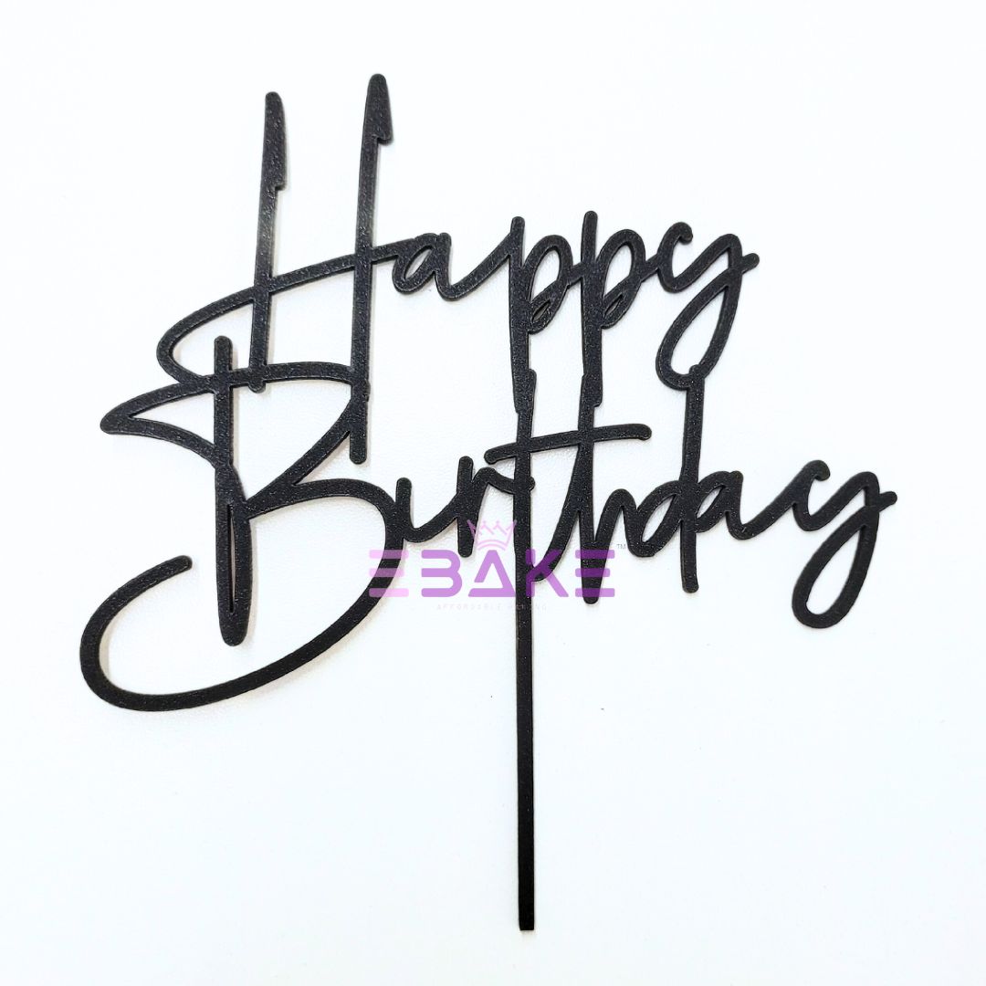 Happy Birthday Cake Topper Black Shimmer MDF