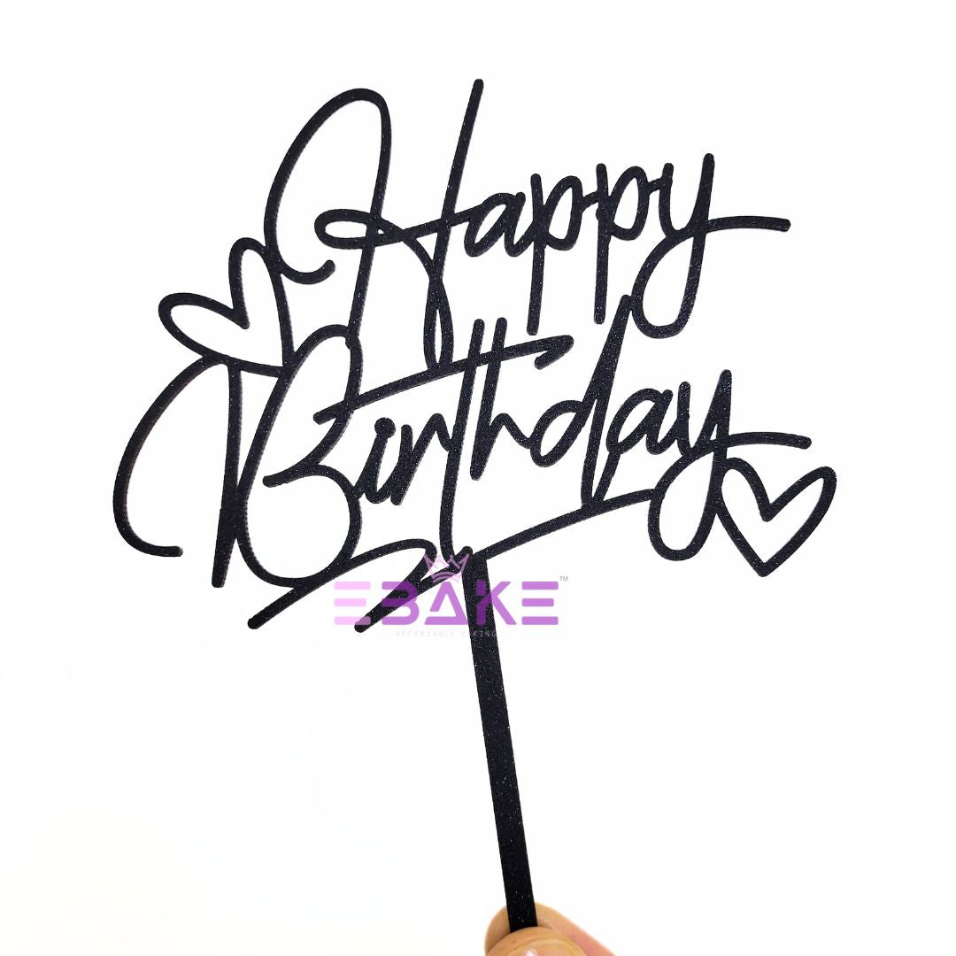 Happy Birthday Cake Topper Black Shimmer MDF