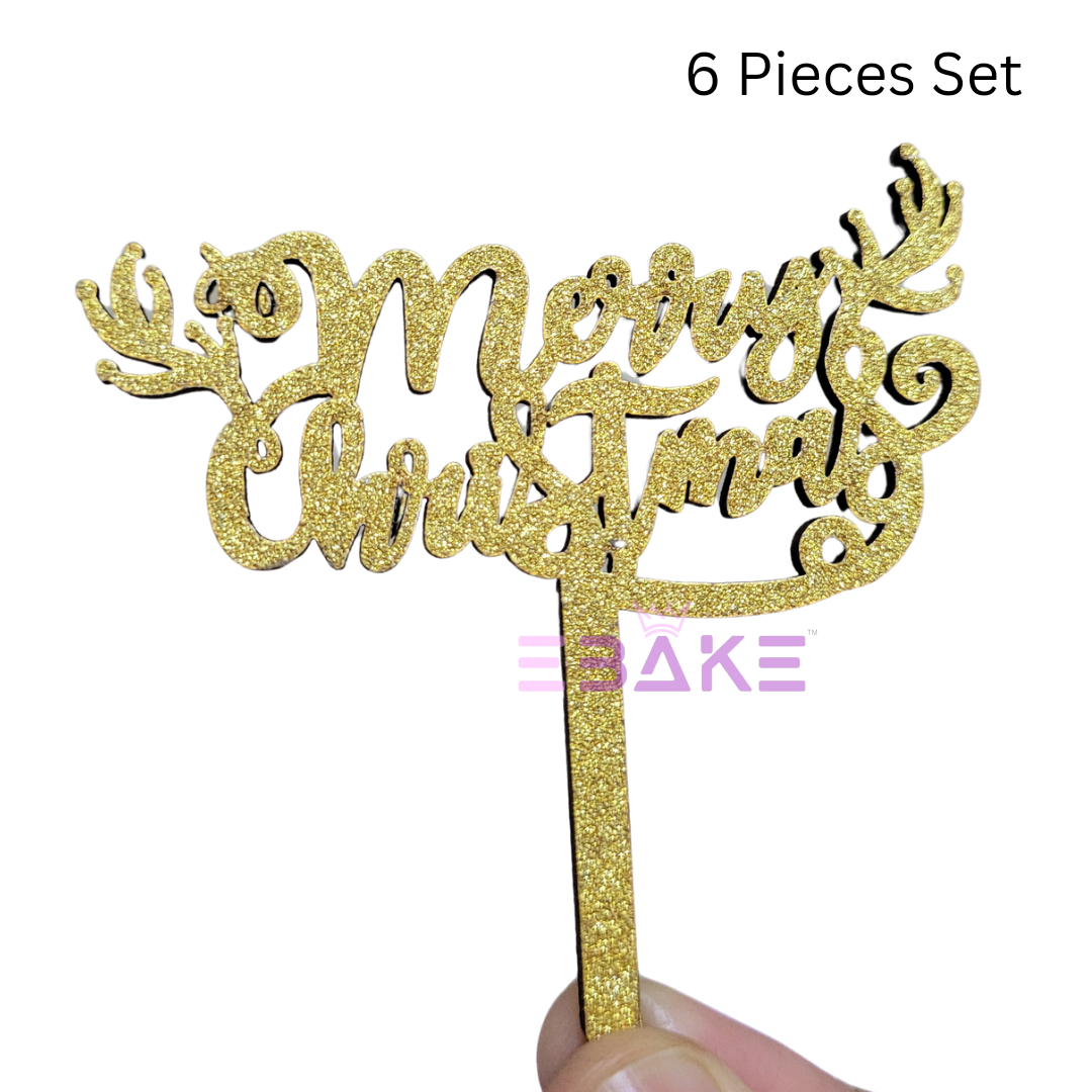 Merry Christmas Mini Cake Topper (Set of 6 Pcs) MDF Shimmer