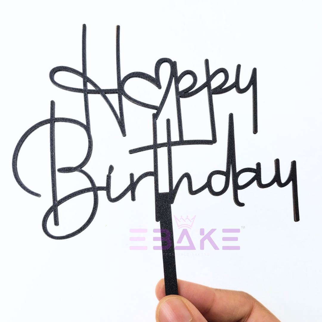 Happy Birthday Shimmer Cake Topper Black MDF