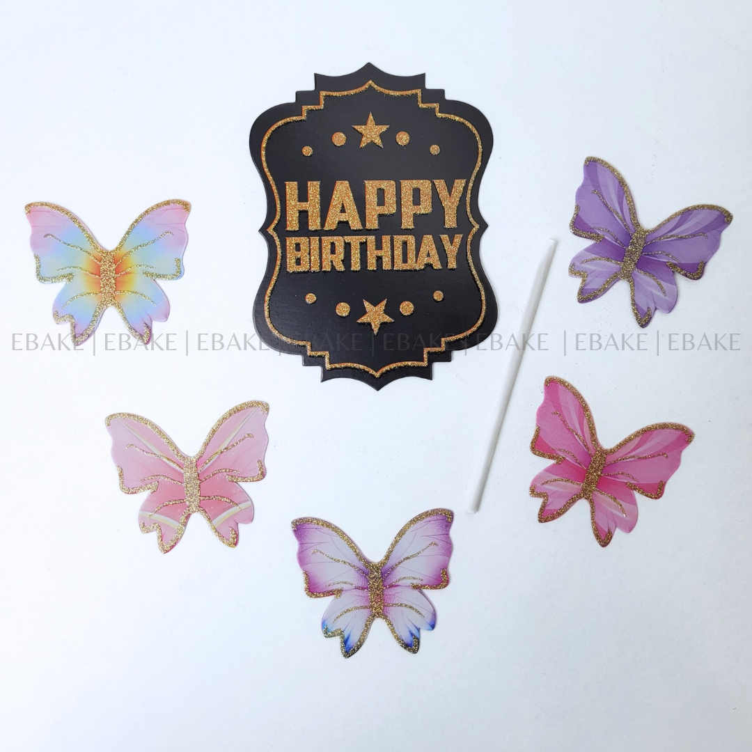 Black Birthday Topper With Paper Butterflies