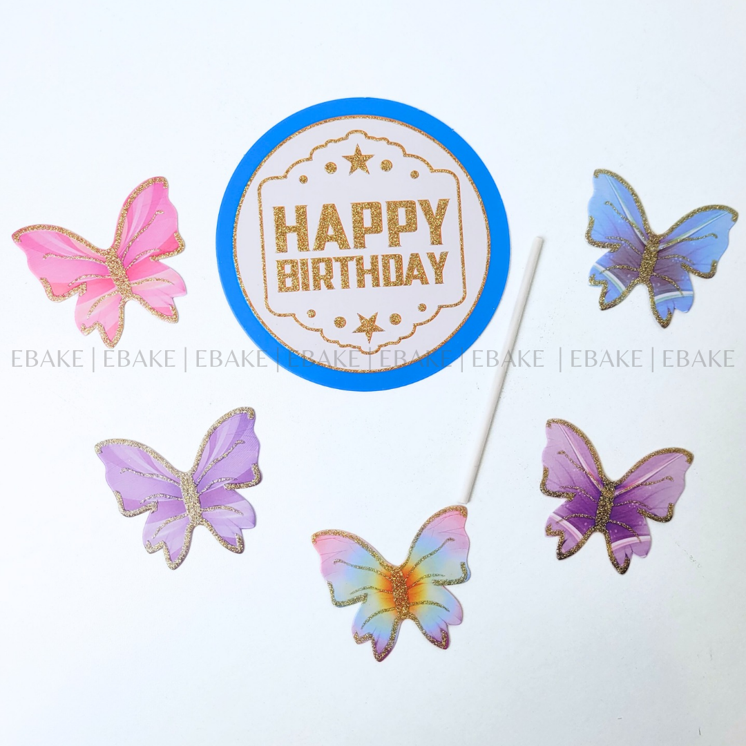 Blue Birthday Topper With Paper Butterflies