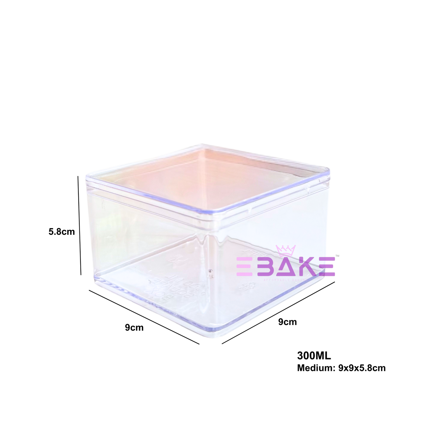 300ml Square Acrylic Dessert Box / Cake Tub (With Lid) Medium 9x9x5.8cm