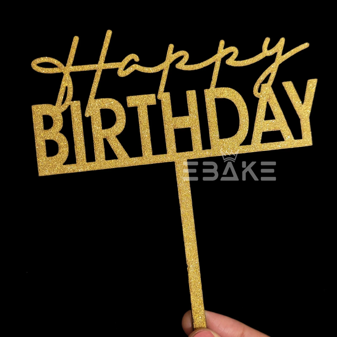 Happy Birthday Cake Topper Gold Shimmer MDF