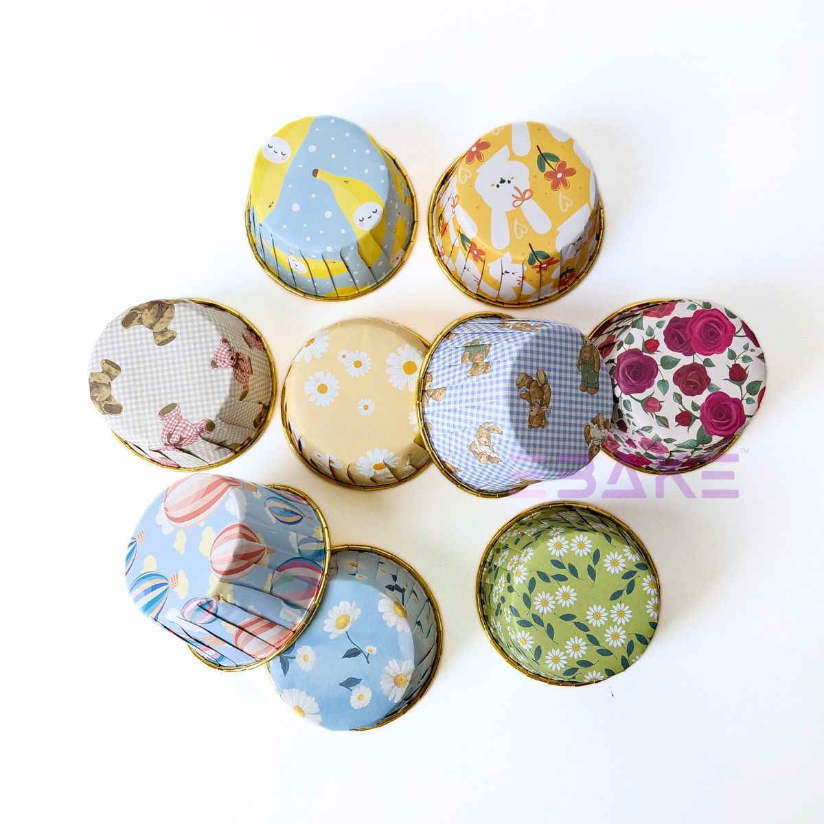 Imported Golden Lined Rolled Rim Muffin Cup / Cupcake Liners - Assorted Printed (Set of 24 pieces) Large