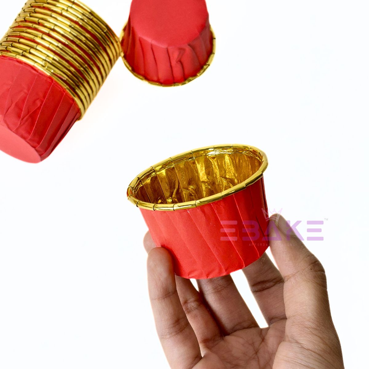 Small Imported Golden Lined Rolled Rim Muffin Cup / Cupcake Liners - Red (Set of 15 pieces)