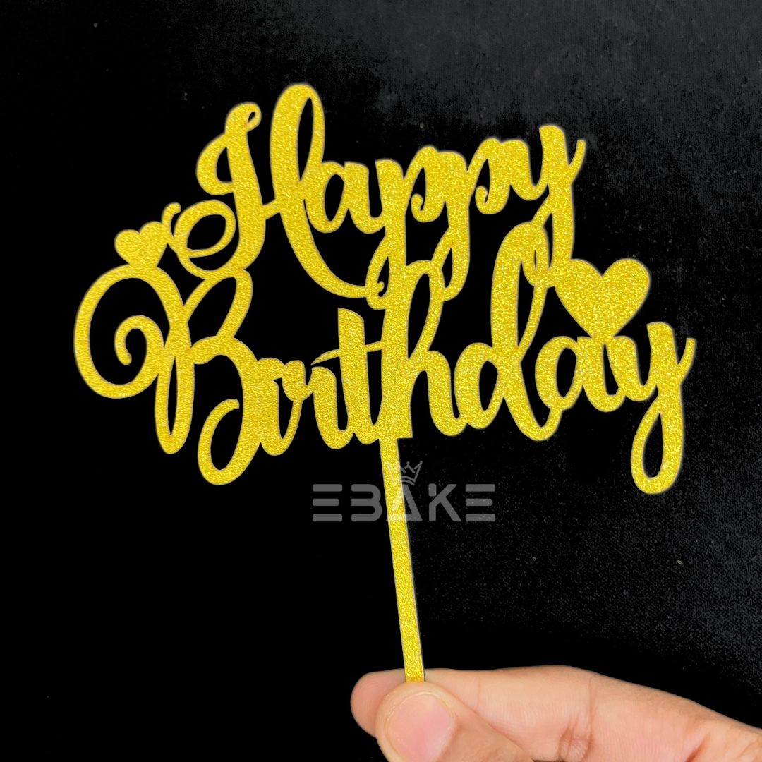 Happy Birthday Cake Topper Gold Shimmer MDF