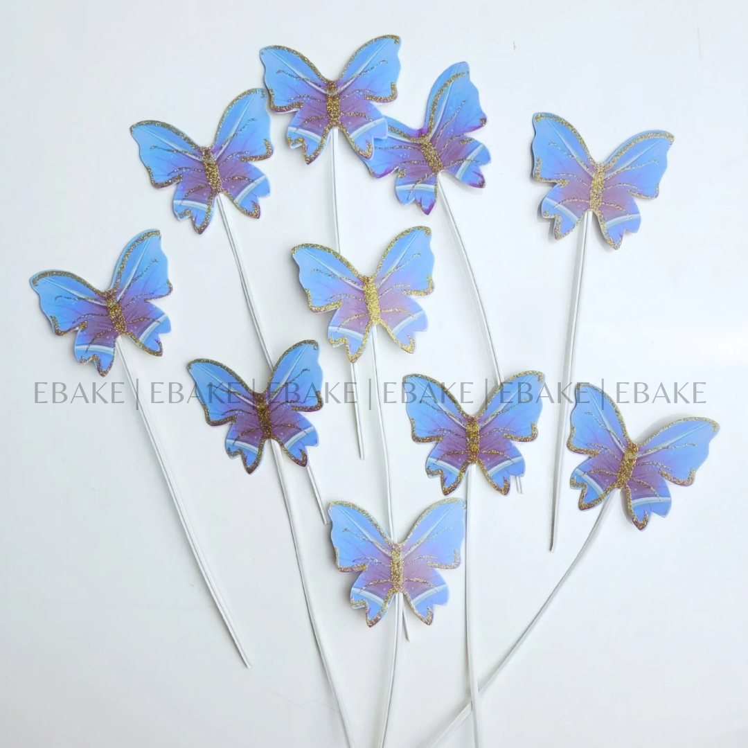 Blue Paper Butterflies Twistable Stick With Gold / Silver Glitter - Foldable