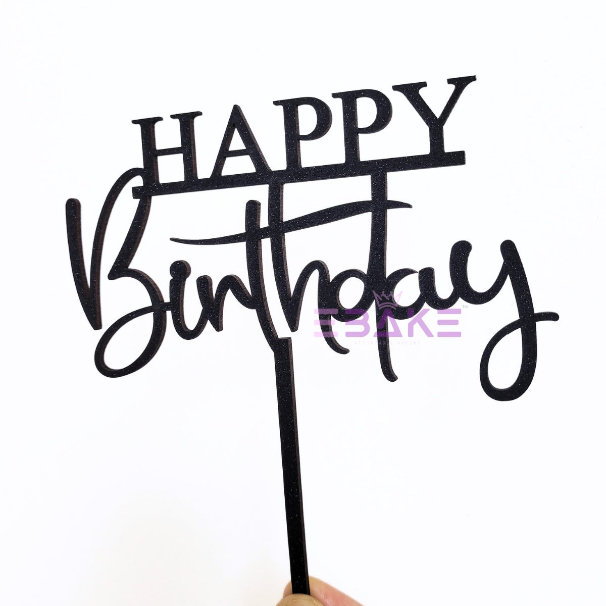 Happy Birthday Cake Topper Black Shimmer MDF
