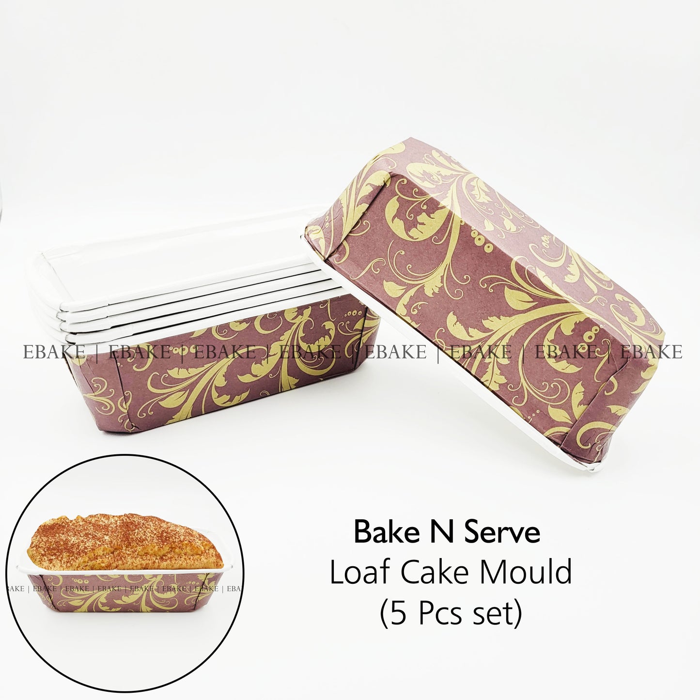 Bake n Serve Brown & Golden Printed Plum Cake, Loaf Cake Mould (Set of 5 Pieces)