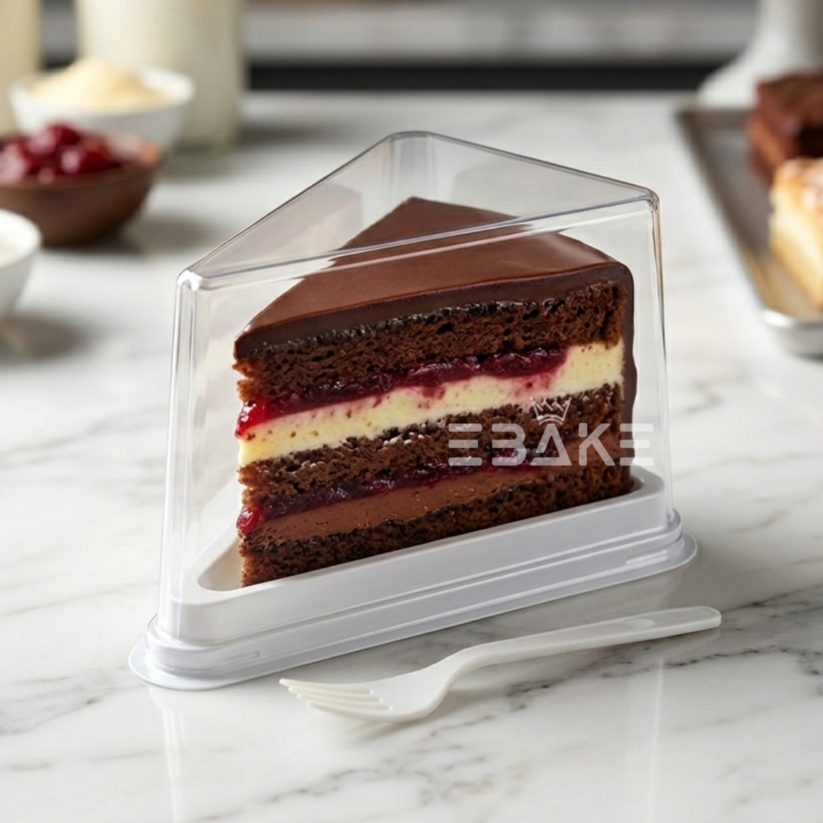 Triangle Cake Box/Pastry Box With Transparent Lid & Fork (Set of 5) White