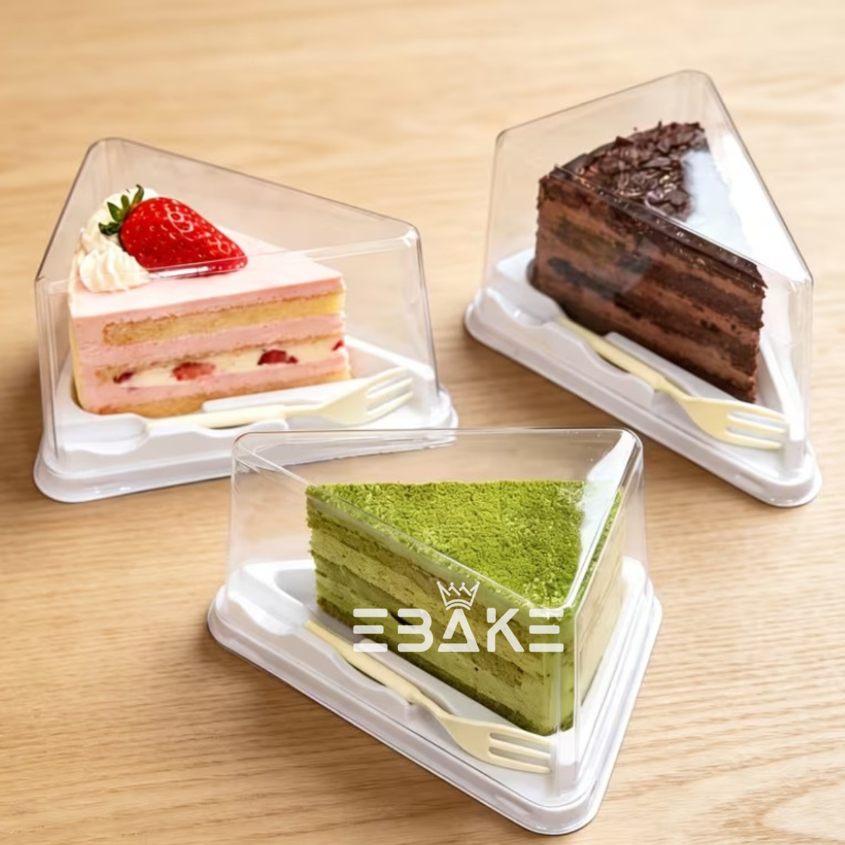 Triangle Cake Box/Pastry Box With Transparent Lid & Fork (Set of 5) White