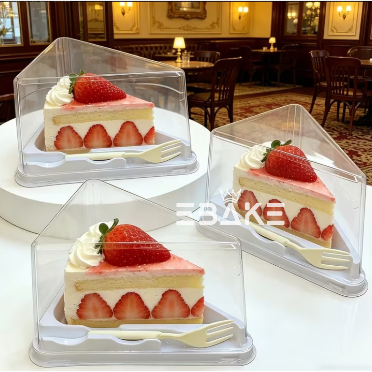 Triangle Cake Box/Pastry Box With Transparent Lid & Fork (Set of 5) White