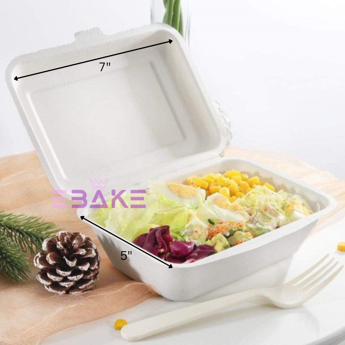 Bagasse Clamshell Container 7"x5" (Rectangle Takeway Container)