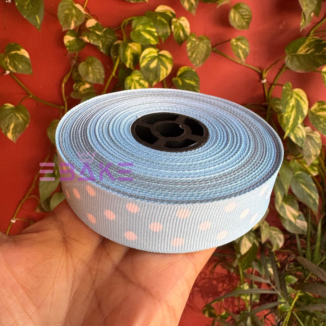 Light Blue Polka Dot Printed Grosgrain Ribbon