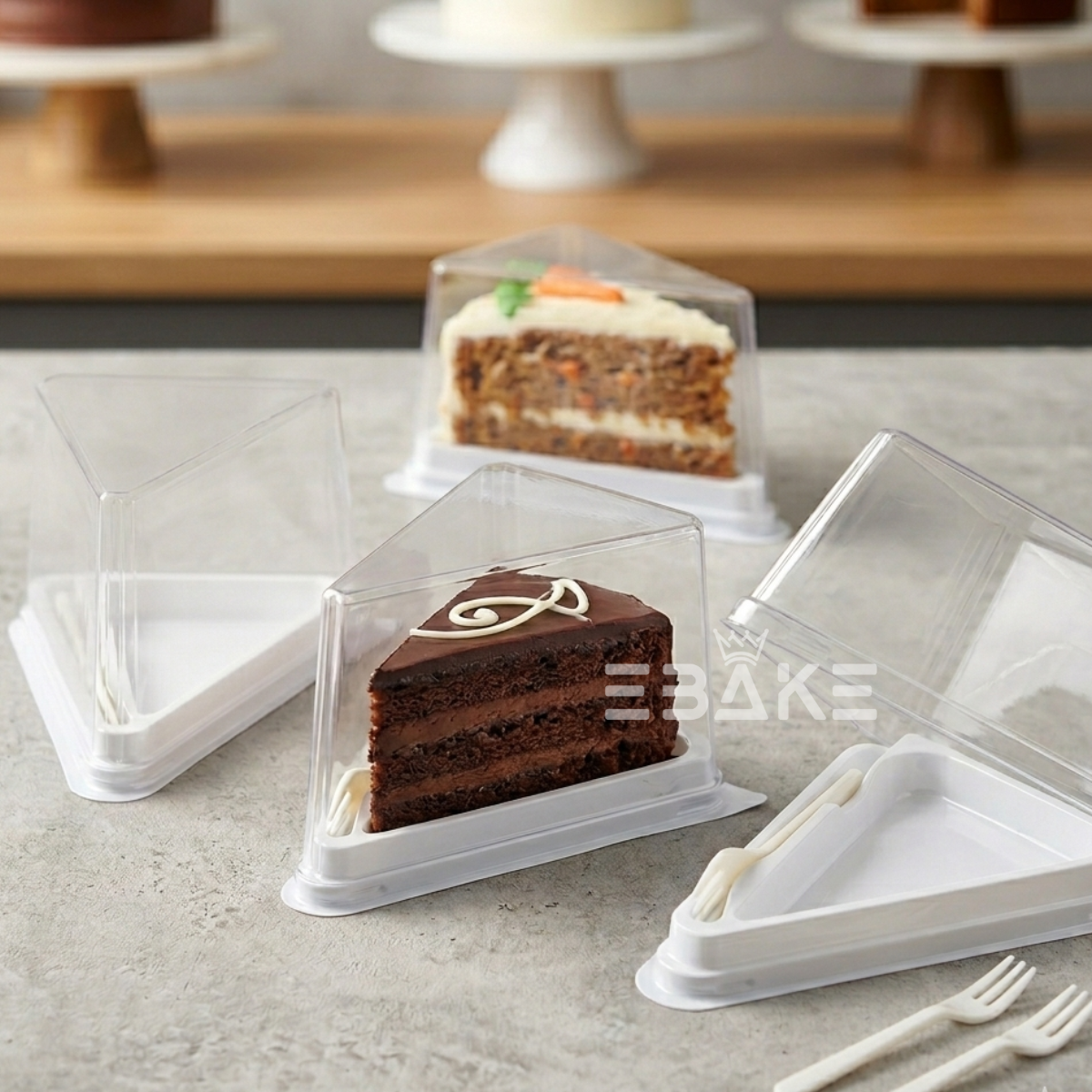 Triangle Cake Box/Pastry Box With Transparent Lid & Fork (Set of 5) White