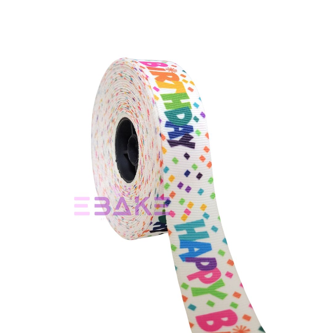 Happy Birthday Printed White Grosgrain Ribbon