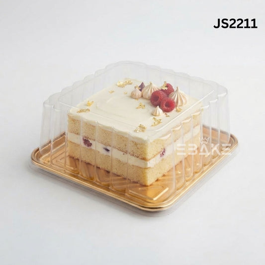 Square cake box with transparent dome lid and golden base - JS2211