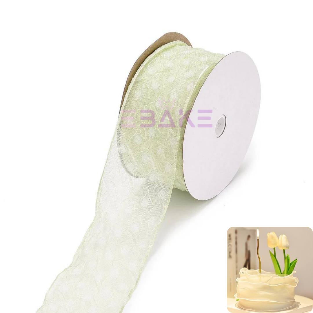 Dots Printed Sheer Chiffon Wrinkle Ribbon  2.5 CM - 10 Yards (Light Green)