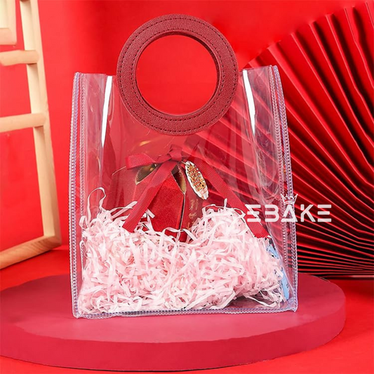 Large Transparent PVC Hamper Bag/Goodie Bag (25x28x14 cm) Maroon Round Handle - Single Piece