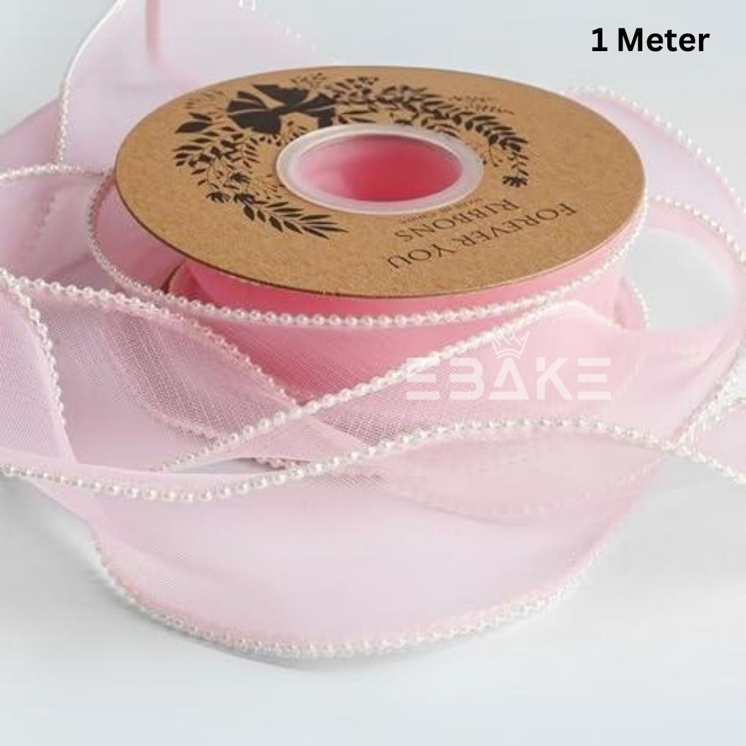 Pearl Net Organza Pink Ribbon / Organza Moti Ribbon 2 Inch